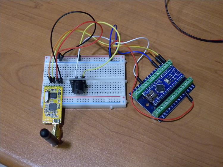 Warning module mounted on a breadboard